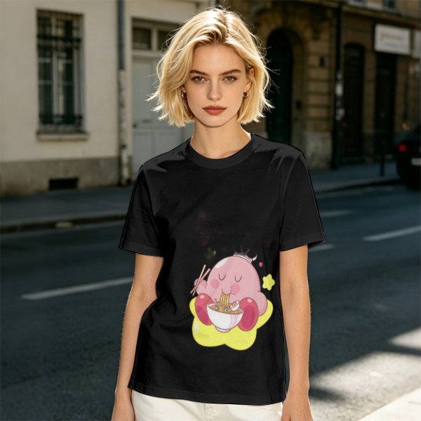 Olive T-shirt Featuring Kirby Eating Ramen on a Warp Star