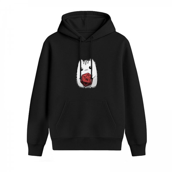 Black Hoodie With Cute Cat Holding D20 Dice Print