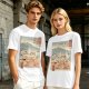 Olive t-shirt with ukiyo-e style ramen cat and Mount Fuji print