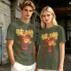 Olive green t-shirt with whimsical miso character graphic print