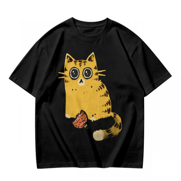 Olive T-Shirt With Cute Surprised Orange Tabby Cat Holding Meat Print
