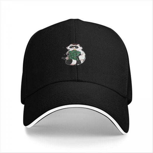 Black baseball cap with cute raccoon holding a decorated Christmas tree