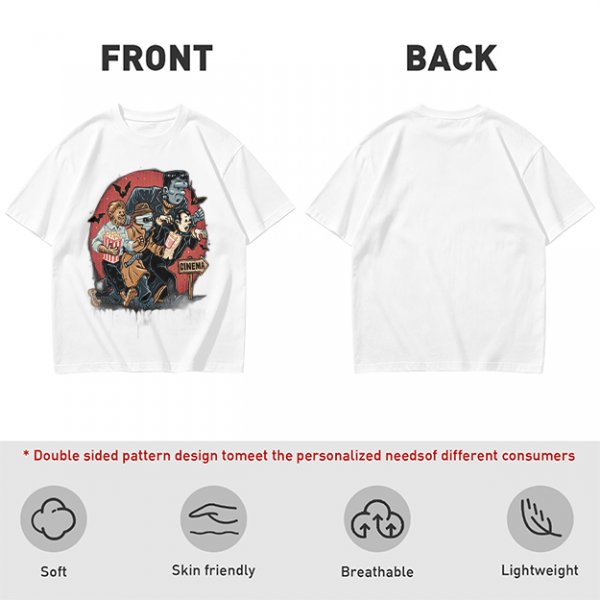 Olive T-Shirt with Classic Horror Monsters Going to Cinema Print