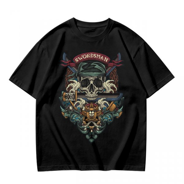 Olive Green Swordsman Skull Graphic Short Sleeve T-Shirt