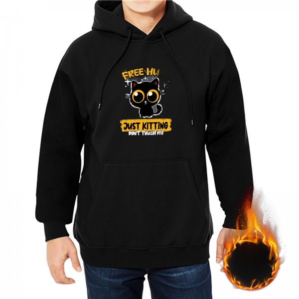 Black hoodie with cute black cat and 'Just Kitting Don't Touch Me' print