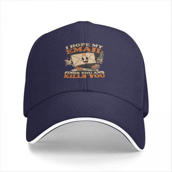 Black baseball cap with funny email cartoon graphic and text
