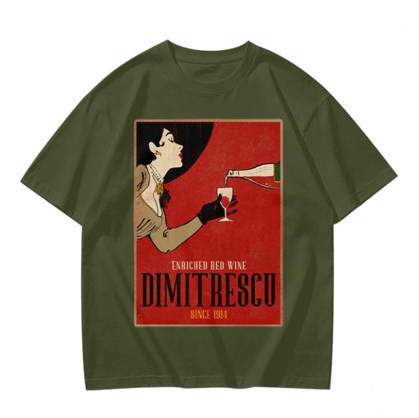 Olive t-shirt with vintage Dimitrescu red wine graphic print