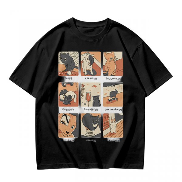 Olive T-Shirt with 9 Grid Cute Cat Illustrations Print