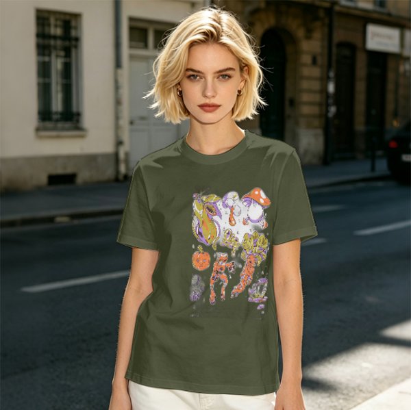 Olive Green T-Shirt With Surreal Mushroom And Vegetable Graphic Print