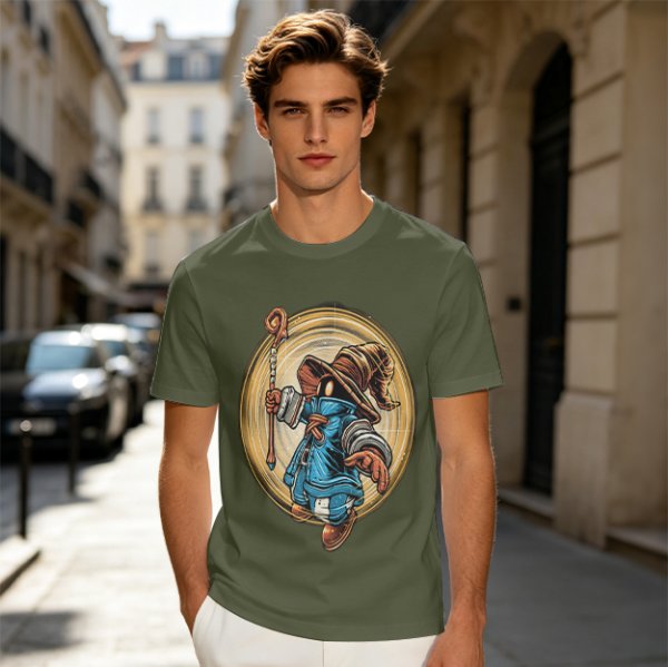 Olive T-Shirt With Fantasy Wizard Character Graphic Print