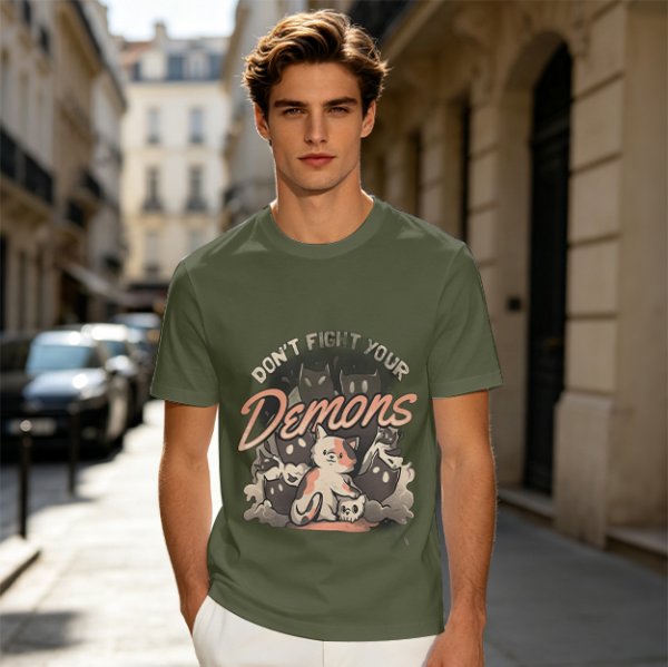 Olive graphic t-shirt with 'Don't Fight Your Demons' cat art