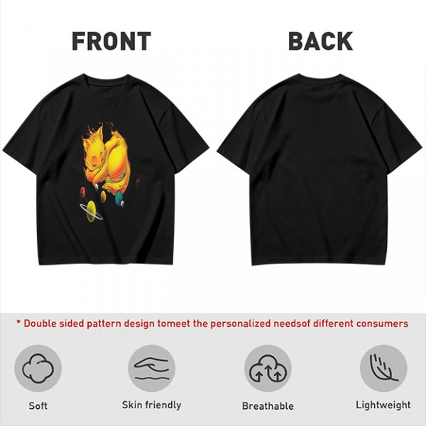 Olive T-Shirt With Sleeping Cosmic Cat And Planets Graphic
