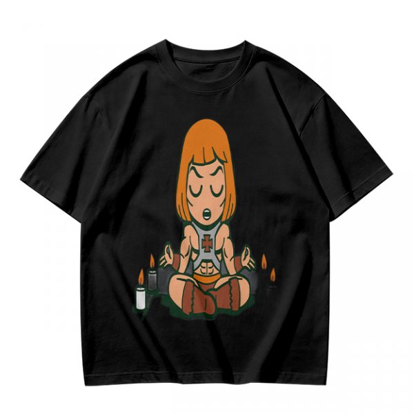 Olive T-shirt with cartoon muscular character meditating surrounded by candles