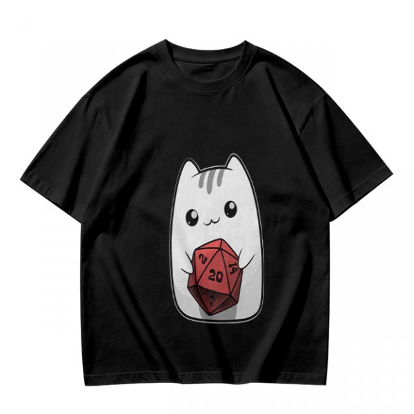 Olive T-Shirt With Cute White Cat Holding D20 Dice Print