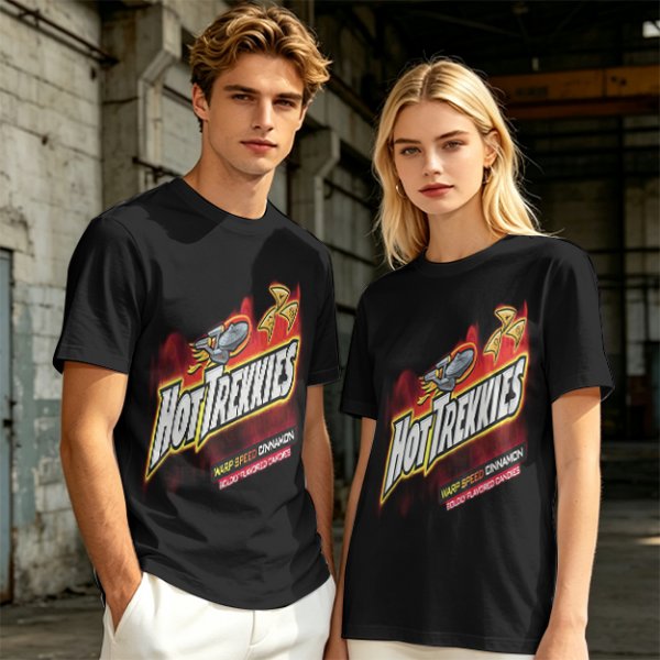 Olive green graphic t-shirt with Hot Trekkies Star Trek themed print