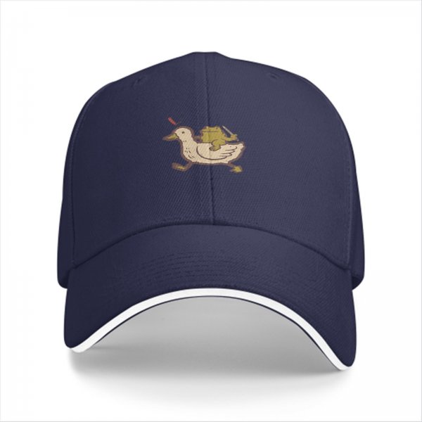 Black baseball cap with frog riding duck holding swords graphic
