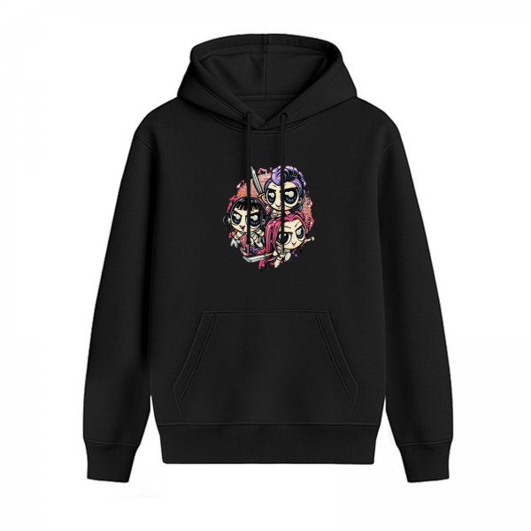 Black hoodie with chibi warrior girl characters graphic print