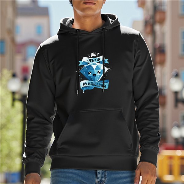 Black hoodie with cute blue diamond graphic that says this design is brilliant