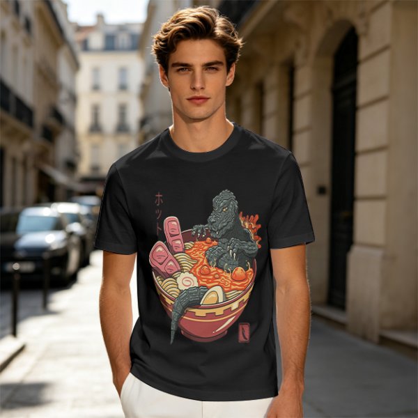 Godzilla in spicy ramen bowl graphic tee