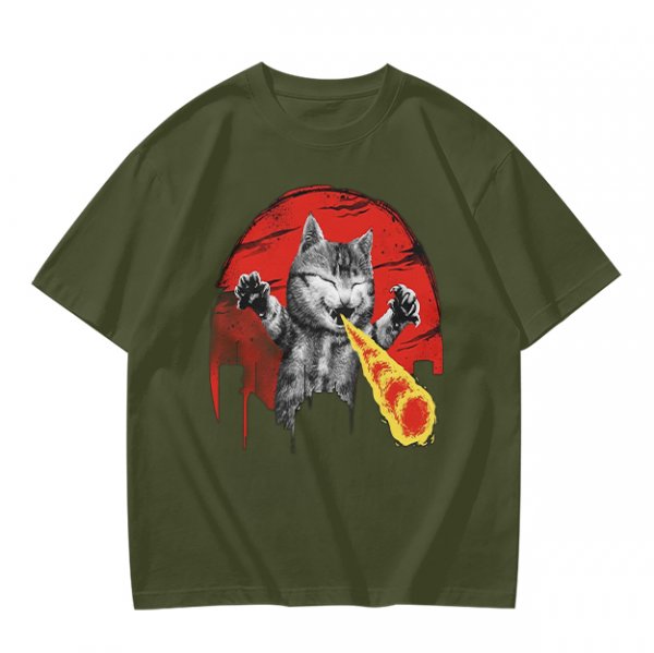 Olive T-Shirt With Laser Beam Shooting Cat Graphic