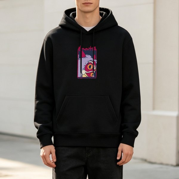 Black hoodie with stylized anime wolf mask graphic print