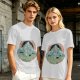 Olive T-shirt with Dancing Skeleton Mountain Rainbow Cat Graphic