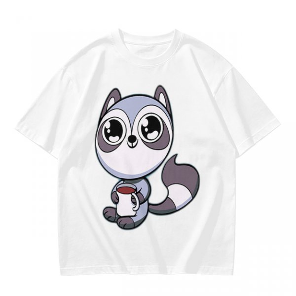 Olive T-Shirt with Cute Raccoon Holding Coffee Mug Print