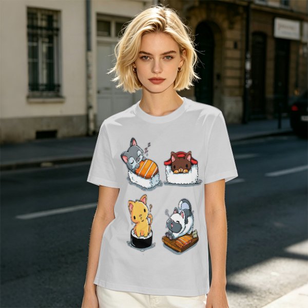 Olive T-shirt with cute cat sushi illustrations