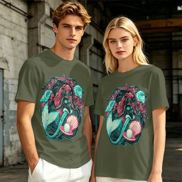 Olive T-Shirt With Mermaid And Seashell Graphic Print