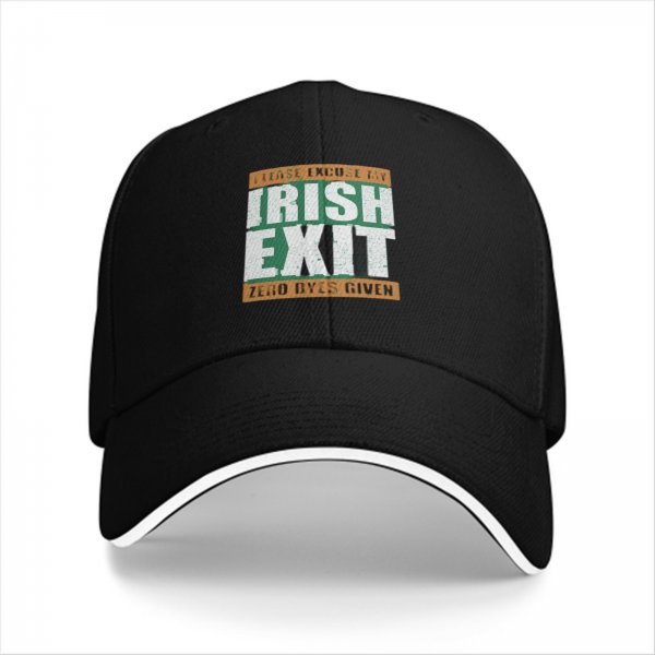 Black baseball cap with 'Please Excuse My Irish Exit Zero Byes Given' print