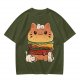 Olive T-Shirt With Cute Cat Burger And Kittens Print
