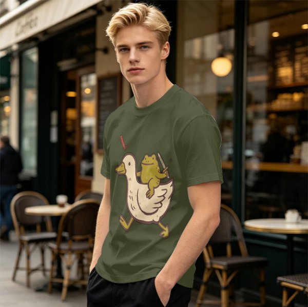 Olive T-Shirt Featuring Frog Riding Duck Holding Knife