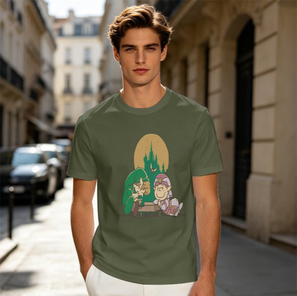 Olive Green T-Shirt With Zelda Themed Cartoon Characters Print