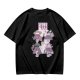 Olive green t-shirt with playful Mount Fuji character graphic print