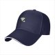 Black baseball cap with sad cartoon vampire holding blood bag print