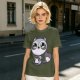 Olive T-Shirt with Cute Raccoon Holding Coffee Mug Print