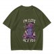 Olive green t-shirt with cute witch cat hex you graphic