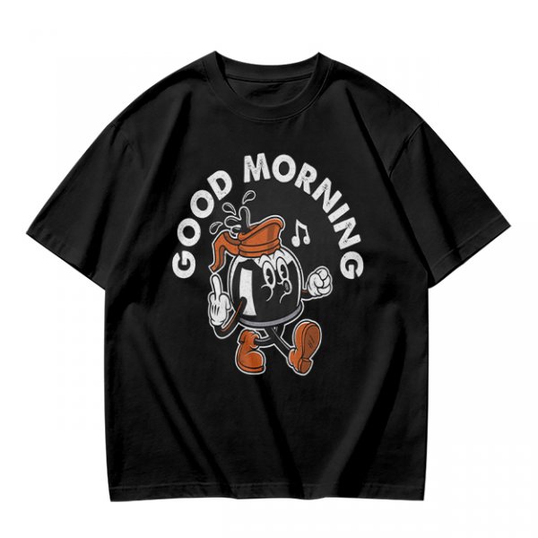 Olive t-shirt with retro coffee pot cartoon and Good Morning text