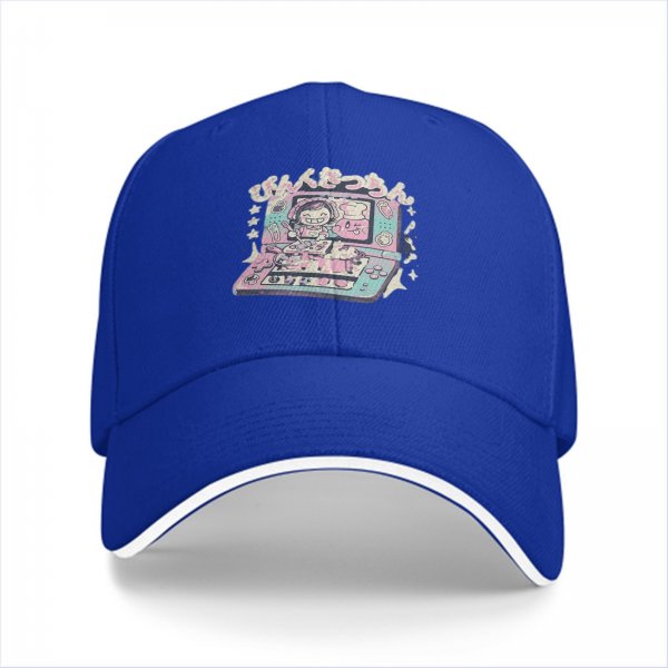 Black baseball cap with pastel handheld gaming and anime character print