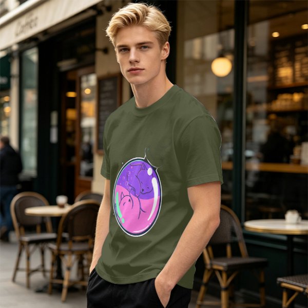 Olive T-shirt with Sleeping Cats in Colorful Bubble Graphic