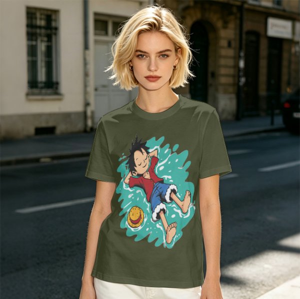 Olive anime t-shirt with Luffy relaxing in water print