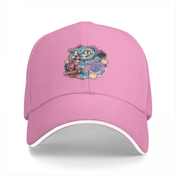 Black Baseball Cap With Whimsical Blue Cat Art Print