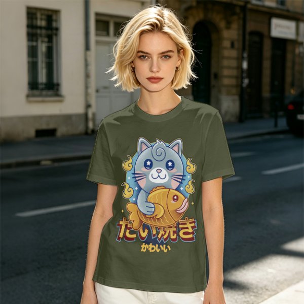 Olive green t-shirt with cute gray cat holding taiyaki graphic