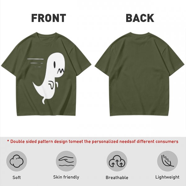 Olive T-Shirt With Cute Running Ghost Dinosaur Graphic Print