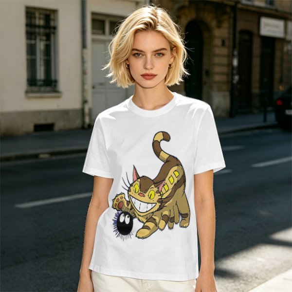 Olive T-shirt with Catbus and Soot Sprite Anime Print