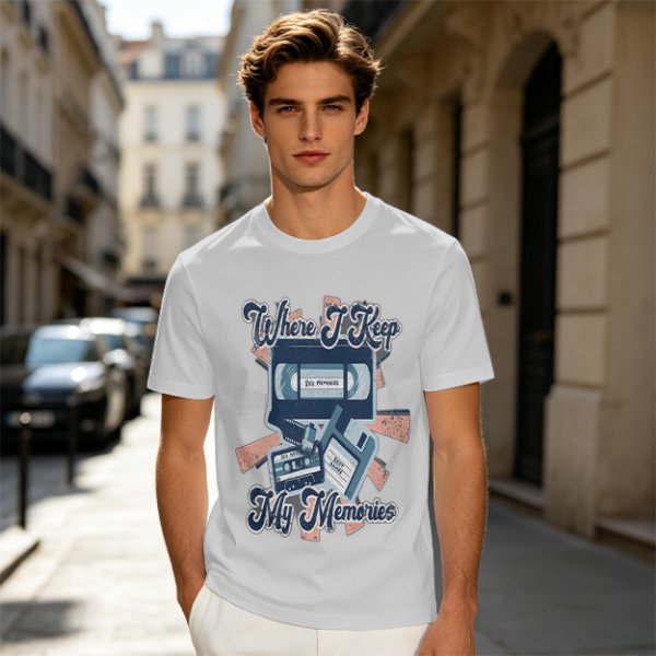 Olive Retro T-Shirt With Vintage Media Print 'Where I Keep My Memories'
