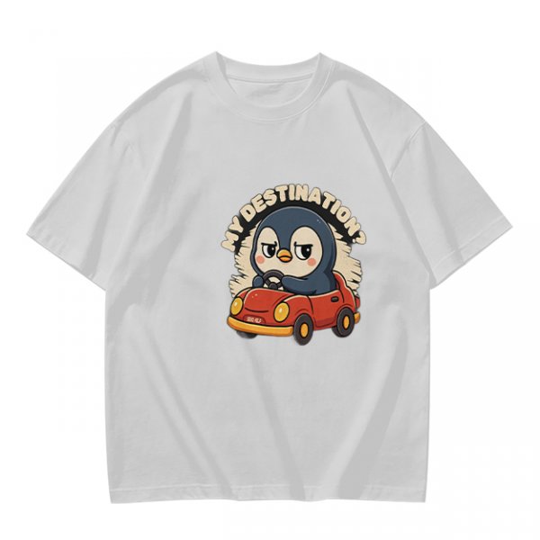 Olive T-Shirt With Cartoon Penguin Driving Car 'My Destination?' Print