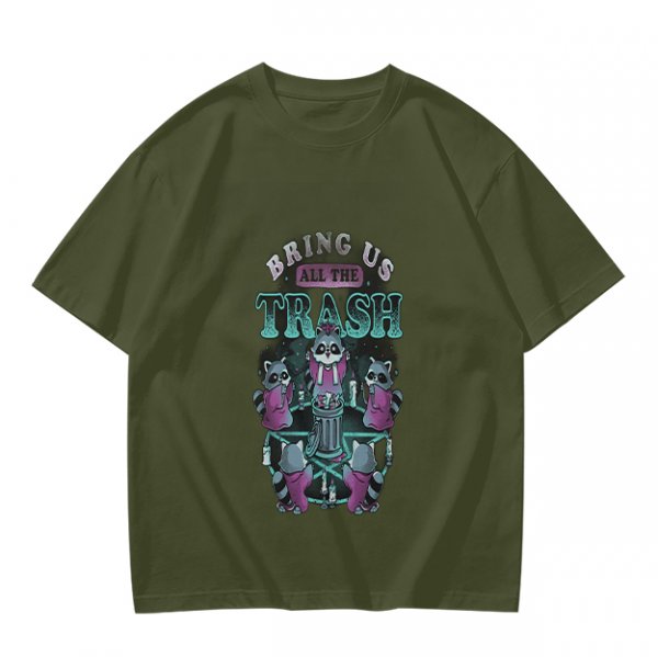 Olive graphic t-shirt with raccoons and 'Bring Us All The Trash' text
