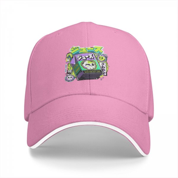 Black baseball cap with neon skull juice box graphic