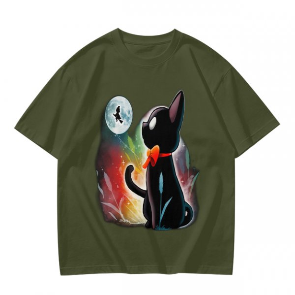 Olive T-shirt with black cat watching moon witch silhouette print